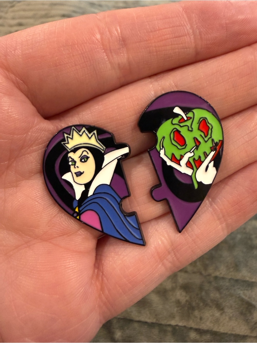 Purple Evil Queen & Poison Apple Broken Heart Enamel Brooch Set